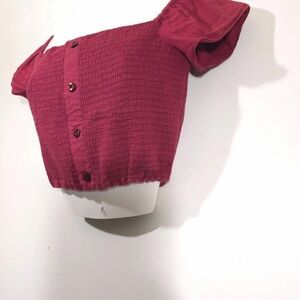 aerie Off-Shoulder Smocked Button Crop Top - Raspberry